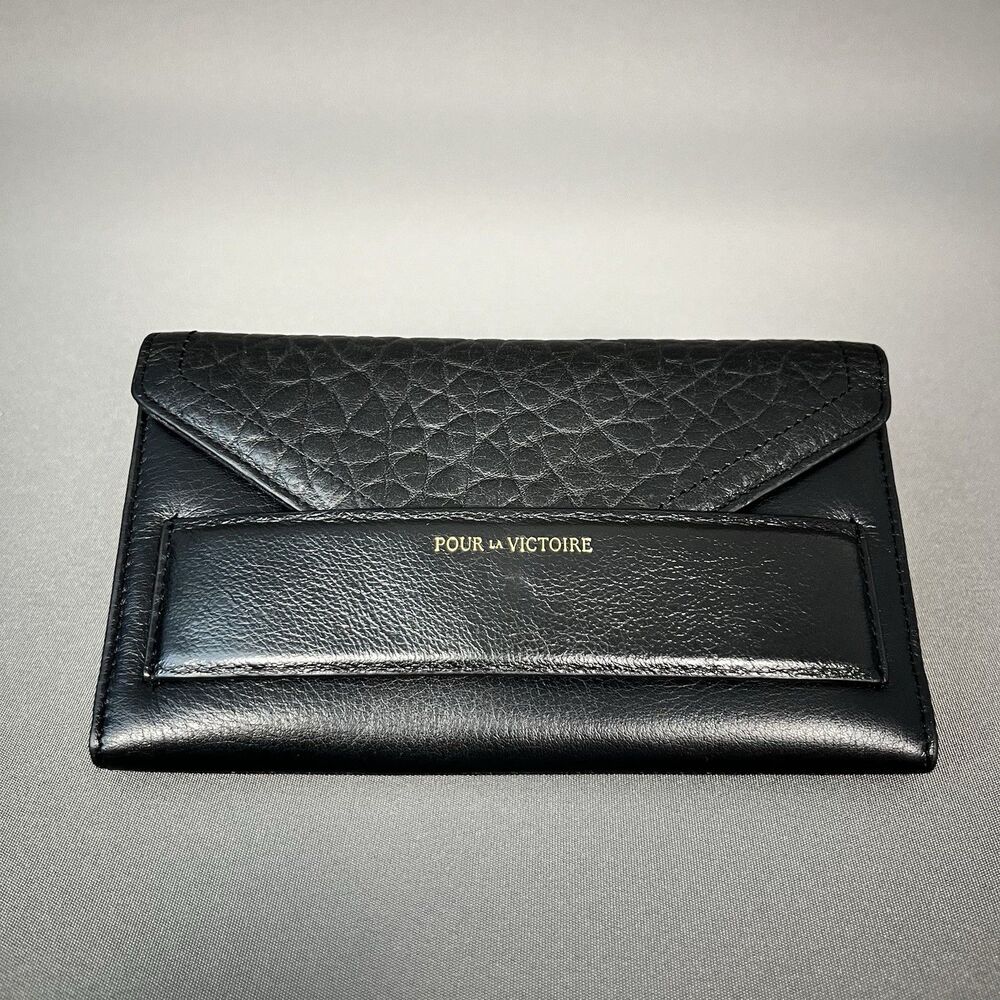 Pour La Victoire Soft Black Leather Wallet with Texture Top Cover Front Strap